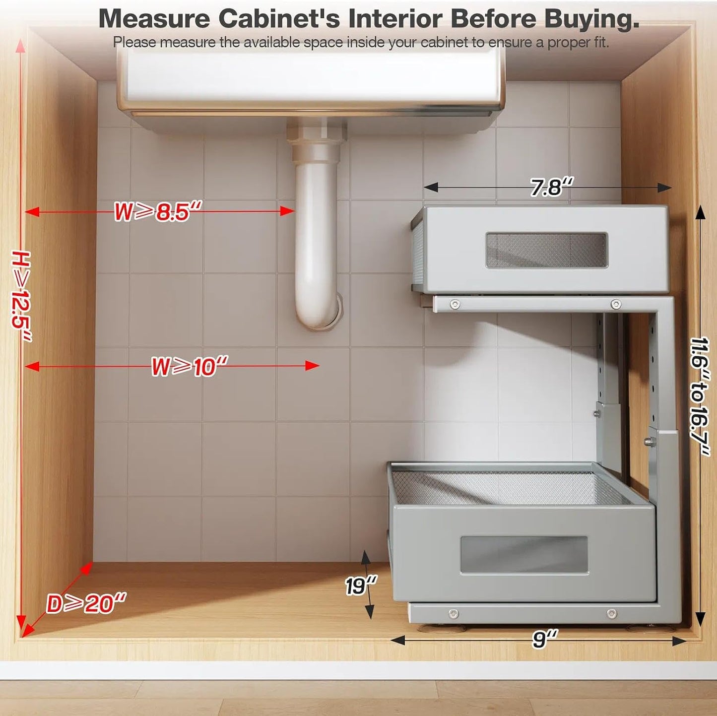 Under Sink Organizer, 2-Tier Dual Pull Out Cabinet Organizer Drawers With Smooth Circular Rail, Large Capacity Metal Mesh Sliding Shelves For Bathroom& Kitchen Storage,Height Adjustable–White,2 Packs