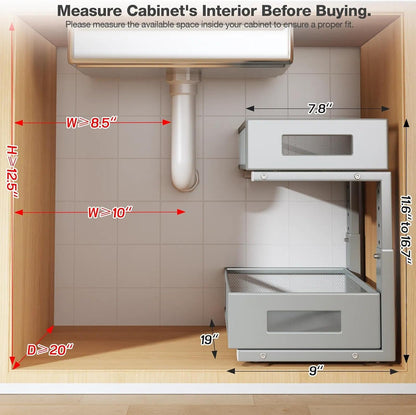 Under Sink Organizer, 2-Tier Dual Pull Out Cabinet Organizer Drawers With Smooth Circular Rail, Large Capacity Metal Mesh Sliding Shelves For Bathroom& Kitchen Storage,Height Adjustable–White,2 Packs