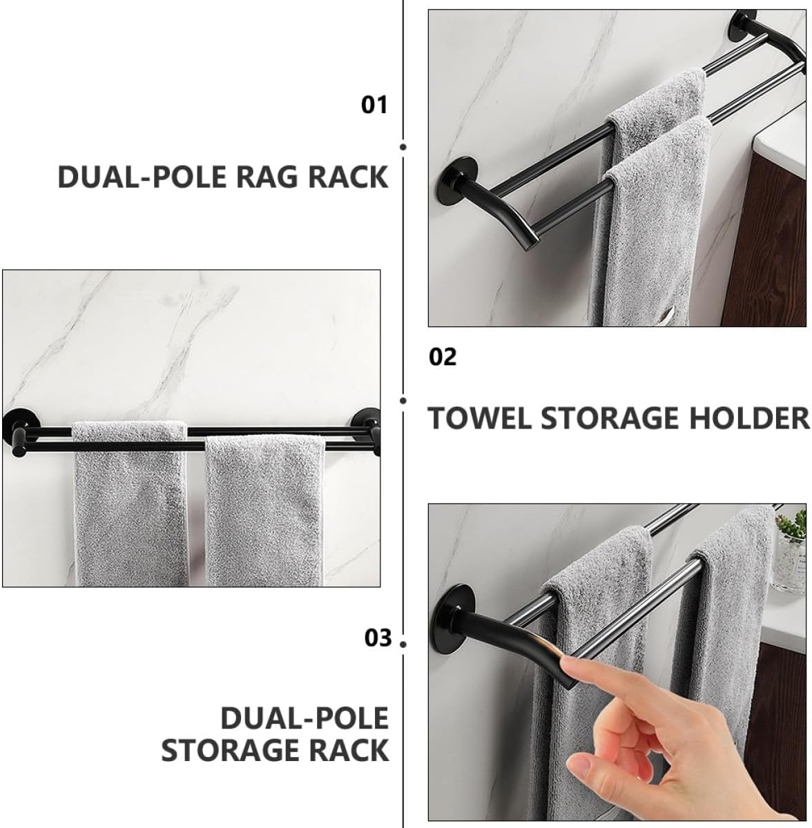 Luxshiny Punch-Free Aluminum Alloy Dual-Pole Towel Holder 40cm Black, Bathroom and Kitchen Wall-Mounted Storage Rack for Hand Towels and Cleaning Cloths