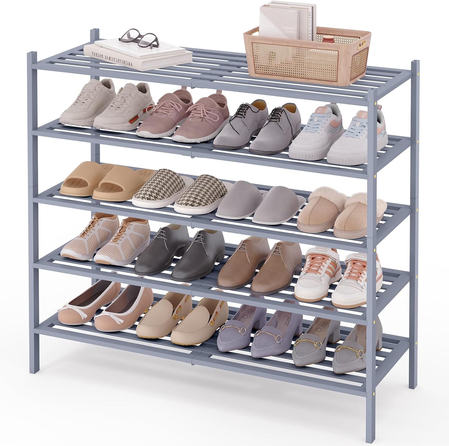 Smiry Bamboo Shoe Rack, 3 Tier Free Standing Wooden Shoe Organizer, Stackable Wood Shoe Storage Shelf for Closet, Entryway, 5 Horizontal Slats, 26.8"x11"x18.3", Natural