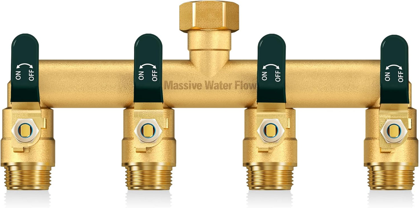 4 Way Hose Splitter, Heavy Duty Full Flow Garden Water Hose Bib Spigot Splitter, Brass Rust and Freeze Resistant Outdoor Faucet Splitter, T Adapter Connector with 3/4 - Inch GHT Thread （Black）