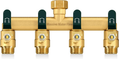 4 Way Hose Splitter, Heavy Duty Full Flow Garden Water Hose Bib Spigot Splitter, Brass Rust and Freeze Resistant Outdoor Faucet Splitter, T Adapter Connector with 3/4 - Inch GHT Thread （Black）