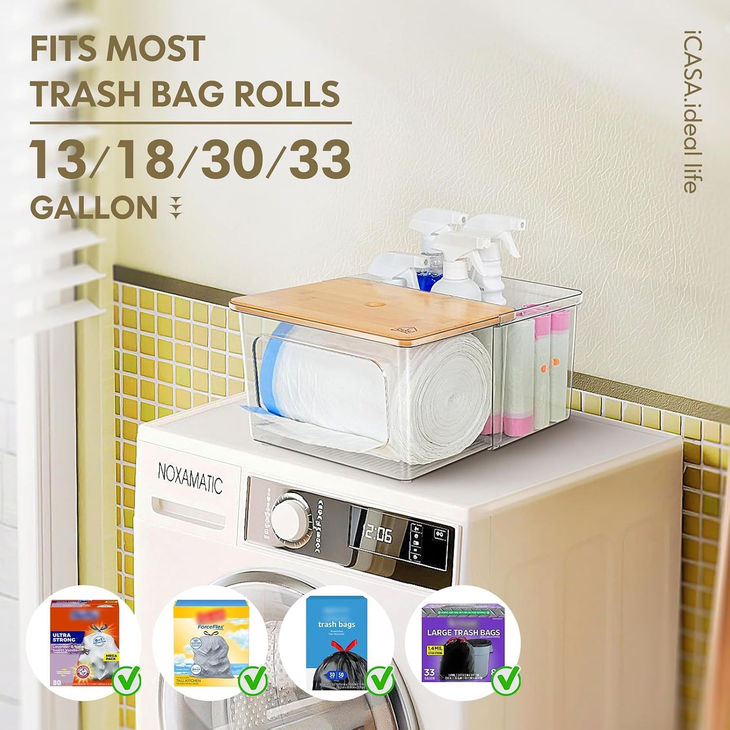 iCASA Trash Bag and Dishwasher Pod Dispenser - 3 in 1 Clear Storage Bins Holder for 13/30/33 Gallon Garbage Bags, Laundry Detergent Pods & Tabs, Under Sink Organizer for Kitchen and Laundry Room