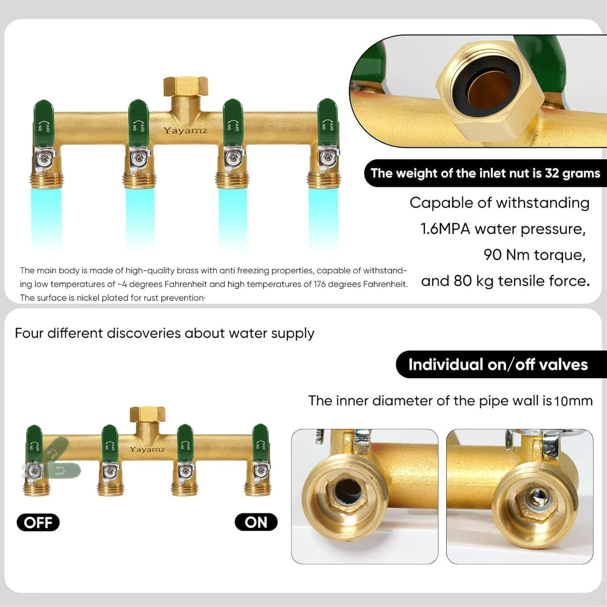 Garden Hose Splitter, 3/4” Rust and Freeze Resistant Outdoor Hose Manifold with 2 Green Extra Long Handles Faucet Adapter-Heavy Duty Brass 2-Way Valve