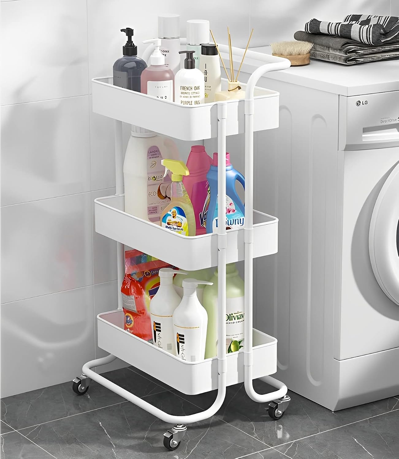Sooyee 3 Tier Rolling Cart with Wheels, Slim Storage Cart, Under Desk Narrow Rolling Utility Cart Storage Organizer for Office Bathroom Kitchen Laundry Room Narrow Places, White, Plastic and Metal
