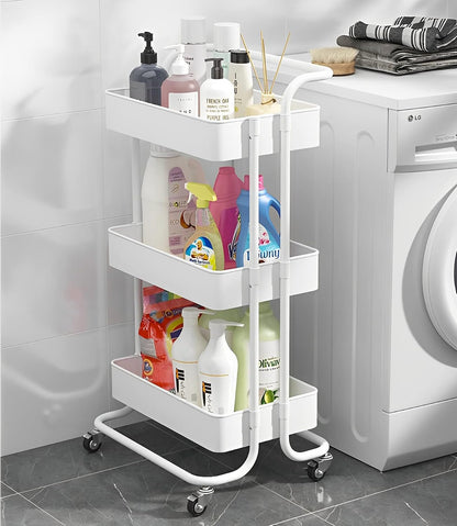 Sooyee 3 Tier Rolling Cart with Wheels, Slim Storage Cart, Under Desk Narrow Rolling Utility Cart Storage Organizer for Office Bathroom Kitchen Laundry Room Narrow Places, White, Plastic and Metal