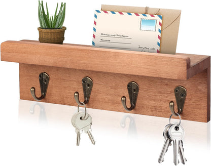 HRONRAD Rustic Key Holder for Wall, Farmhouse Wall Shelf with 4 Hooks, Wall Mounted Key Racks, Wooden Mail Organizer with Hooks for Entryway (Brown)