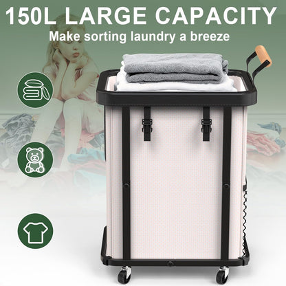 230L (60 Gal) Extra Large Fashion Laundry Sorter 3 Section with Lid, Rolling Laundry Basket Hamper with Handle, Laundry Organizer Storage Cart with Sturdy Metal Frame for Laundry Room, Hotel, White