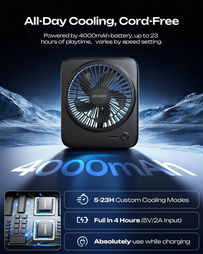 Otlonpe Personal Portable Desk Fan, 4000mAh Small Rechargeable Portable Fan Battery Operated & USB Powered for Travel Sleeping Bedroom Office Home Table, Cordless, Quiet, 4-Speed, 6.5 Inch (Black)