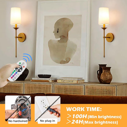 PASSICA DECOR Battery Operated Wall Sconce Set of 2 - Rechargeable Cordless Lights with Remote, Dimmable RGB Timer Wireless Sconces for Bedroom, Living Room, Hallway