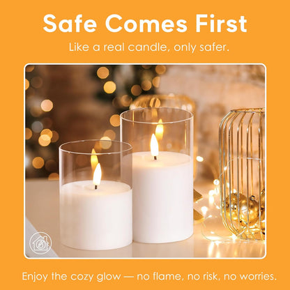 Eywamage Gold Glass Flameless Pillar Candles with Remote, Flickering Christmas LED Candles Battery Operated Set of 3