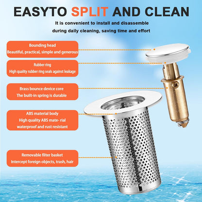 Bathroom Sink Stopper 2Pcs,Sink Drain Strainer,Hair Catcher with Removable Stainless Steel Filter Basket,Universal Sink Plug,Suitable for Most Sinks,Washbasin,Bathtubs