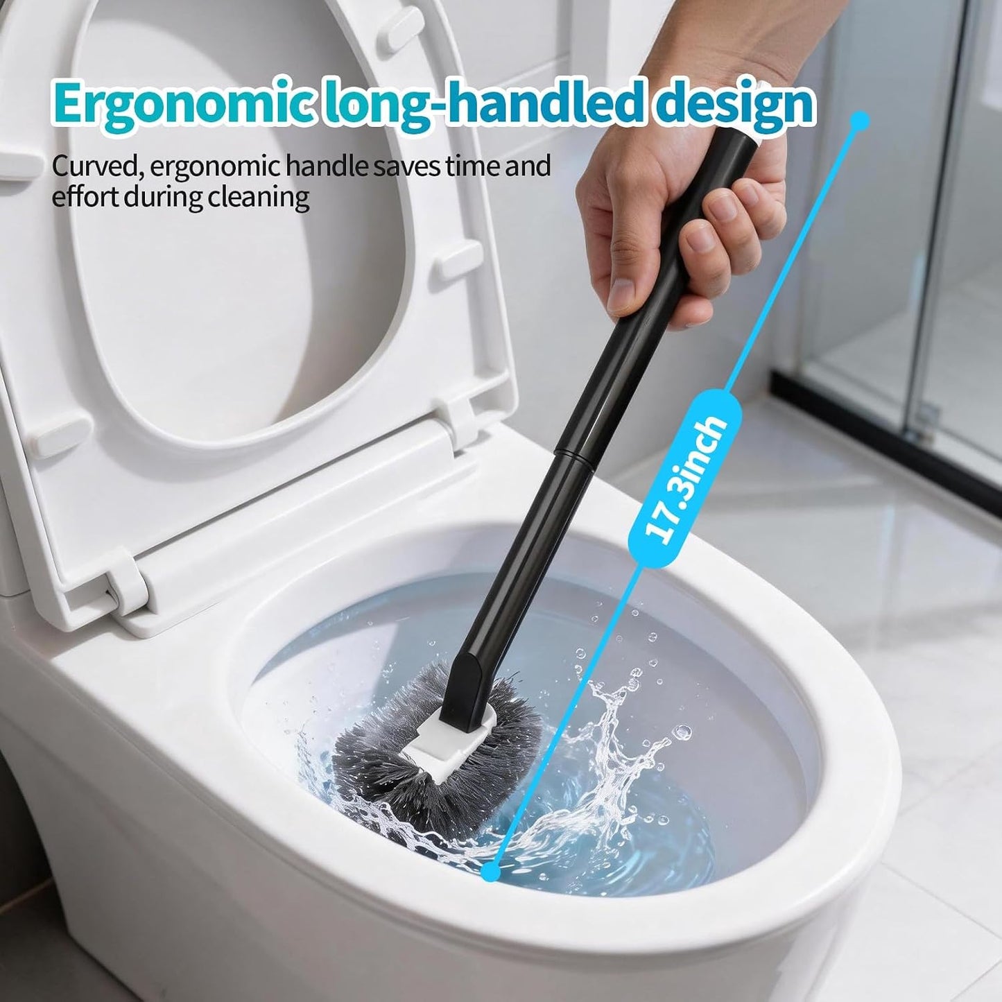 Toilet Brush and Holder Set, Curved Angled Toilet Bowl Cleaner Brush with Under Rim Cleaning, Wall-Mounted Toilet Scrubber & Bathroom Deep Cleaning Supplies Kit（Crevice Brush Included） Black(2-Pack)