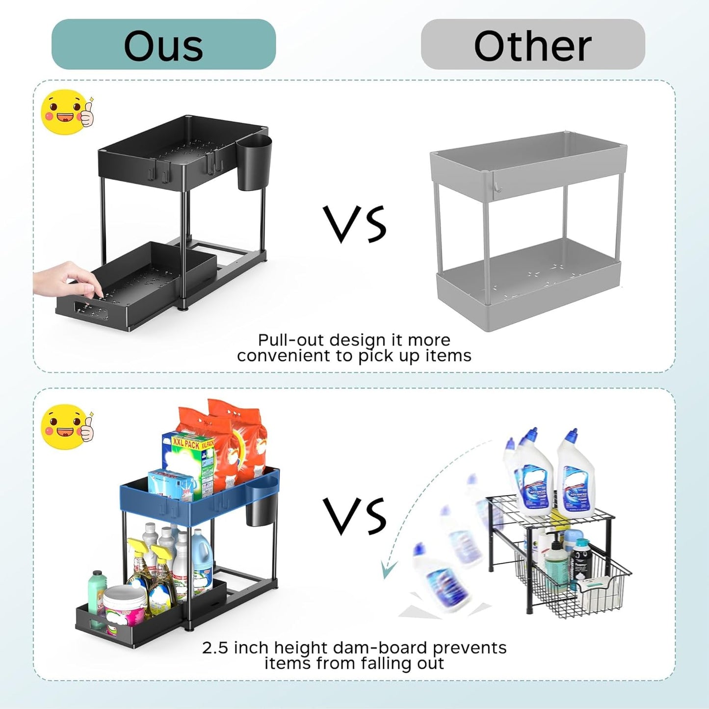 2 Pack Under Sink Organizer with Pull-Out Drawer, Black | 2-Tier Cabinet Storage, Kitchen & Bathroom, Tool-Free Assembly, Fits Cleaning Supplies & Toiletries, Space Saving