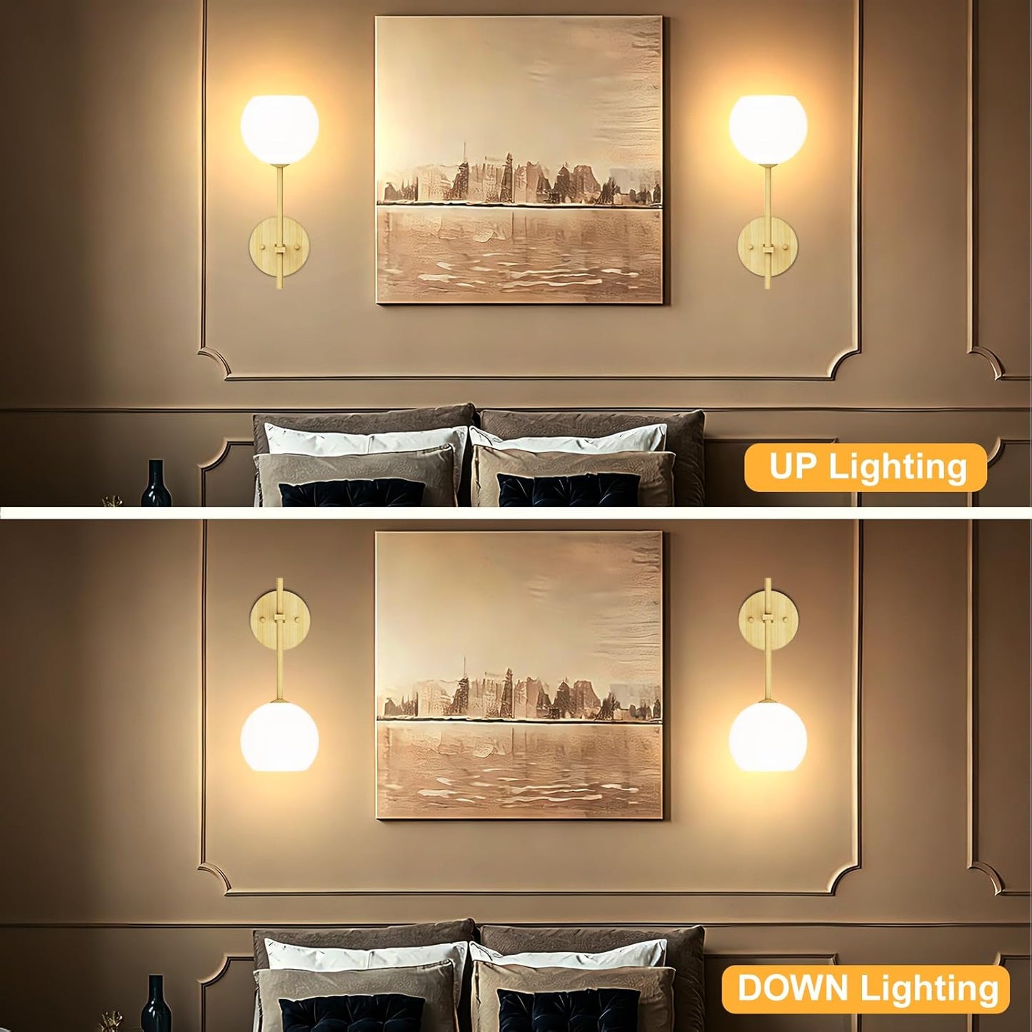 Brass Battery Operated Wall Sconces Set of 2, Rechargeable Wireless Wall Lights with Milky White Frosted Glass, 12 RGB and 3CCT Dimmable, Wall Lamps with Remote for Bedroom Living Room Hallway