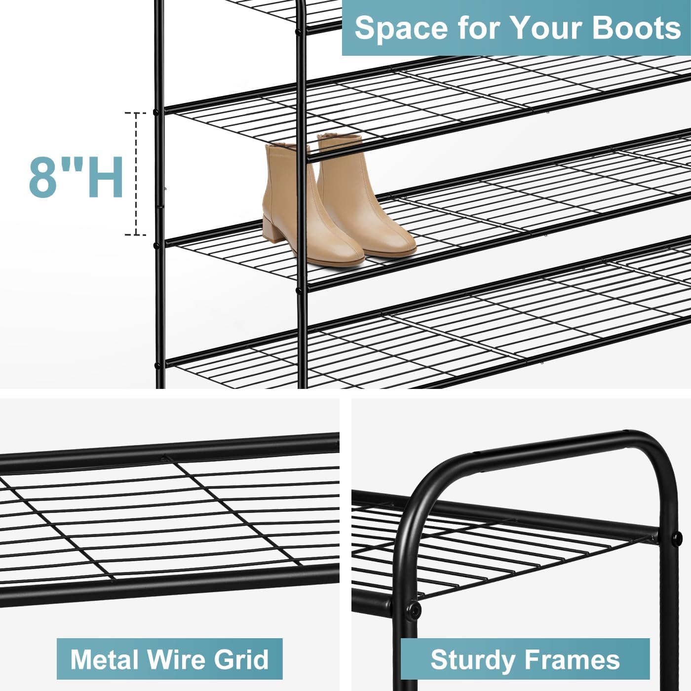 AOODA Long 3 Tier Metal Shoe Rack for Closet Wide Stackable Shoe Storage Organizer for Entryway, Bedroom, Floor, 24-Pairs Men Sneakers Shoe Shelf with Wire Grid, Black