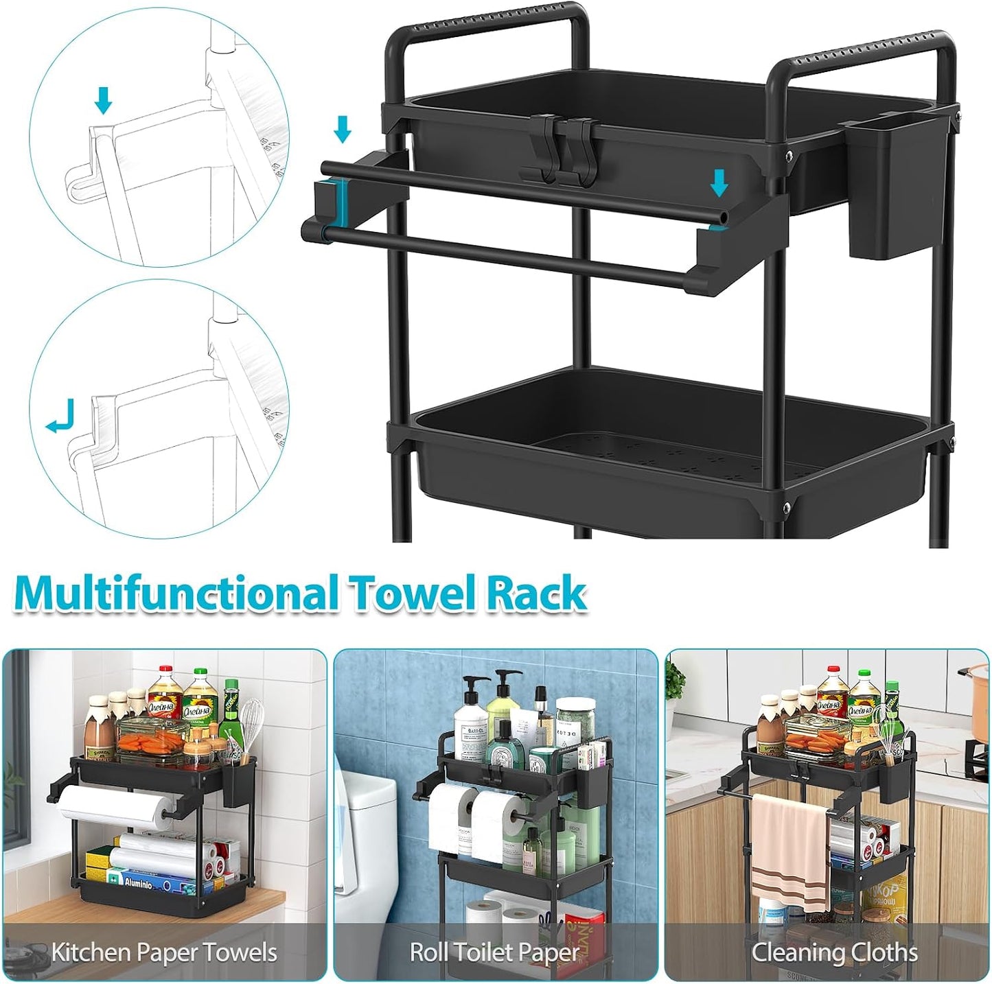 SPACEKEEPER Rolling Storage Cart, 4-Tier Bathroom Organizer Utility Cart Laundry Room Organization Mobile Shelving Unit with Towel Rack, Lockable Wheel, Hooks & Cup for Kitchen Bedroom Office, White