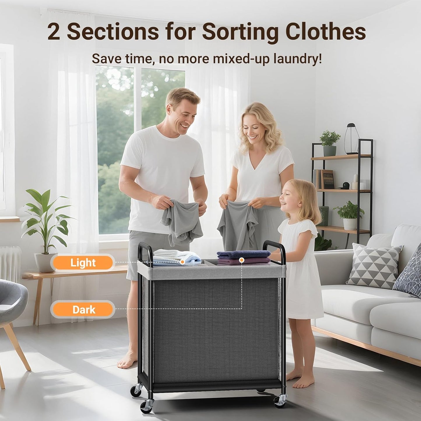 ELYKEN Laundry Hamper 3 Section, 120L Rolling Laundry Sorter with Removable Liner Bag, Laundry Basket with Wheels, Steel Frame with Metal Handle, Clothes Hamper Cart for Laundry Room & Bedroom