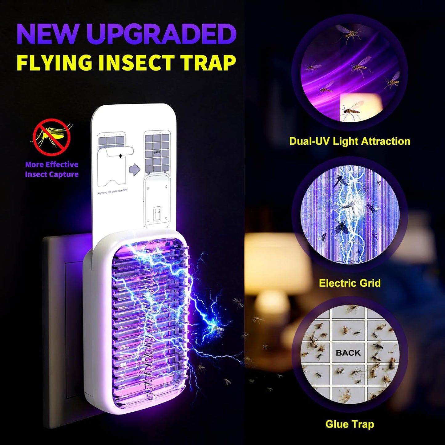 Upgraded Fruit Fly Traps for Indoors, Flying Insect Trap for Fruit Flies, Gnats, Plug in Bug Zapper Indoor with Dual-UV Lights & Trapping, Electric Grid & Glue Traps