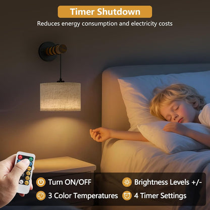 XSDeTu Rechargeable Battery Operated Wall Sconces Set of 2, Modern Battery Powered Wall Light with Wooden Arm & Remote Control, Adjustable 3 Colors Dimmable Wall Lamps for Bedroom, Living Room
