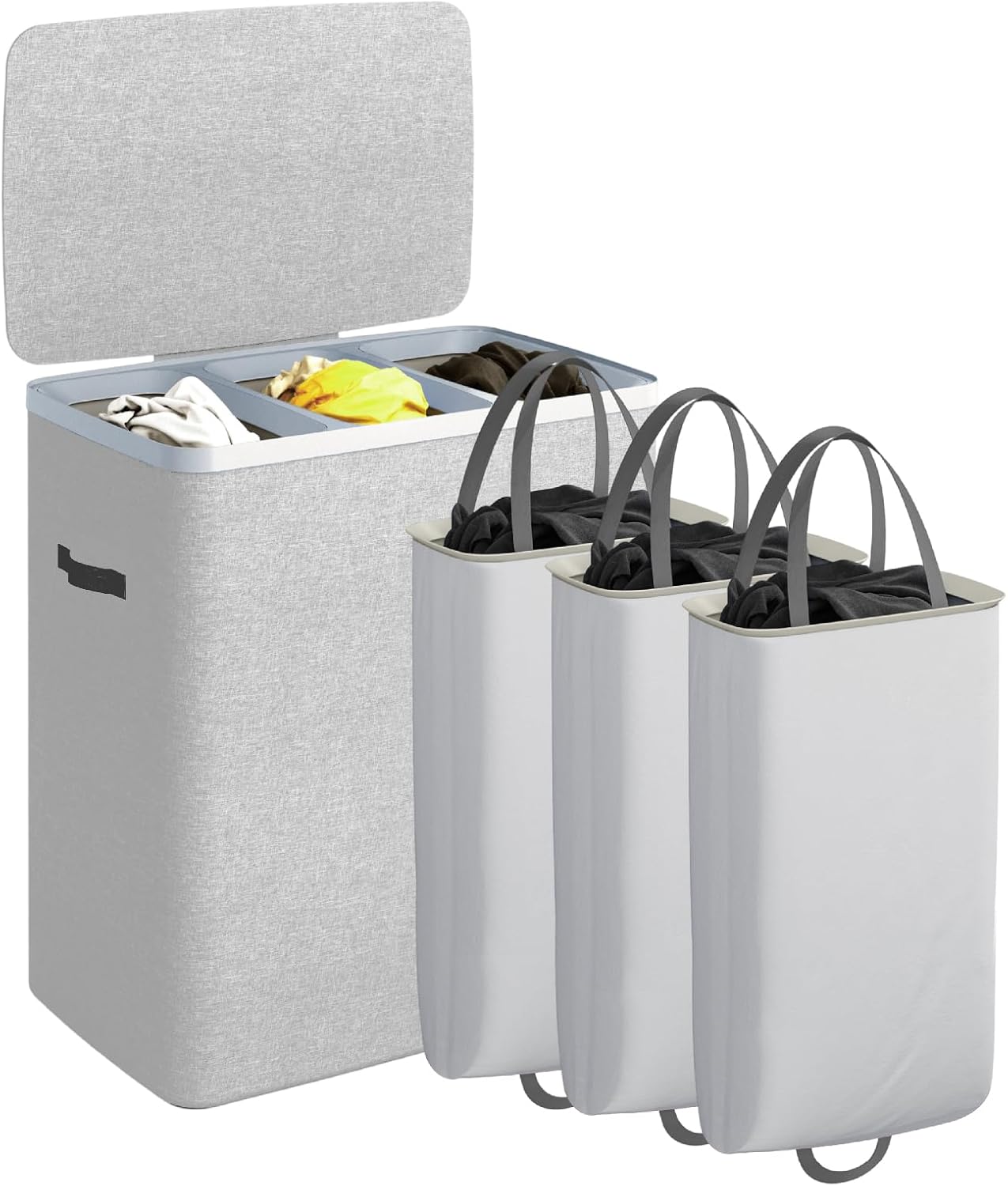 CASAMAYA Laundry Basket with Lid, Laundry Hamper 3 Section, 190L collapsible Laundry Organizer, Easy Assembly, with Handles and Removable Liners, 25.2 x 15.7 x 29.5 Inches, Beige JSP904M