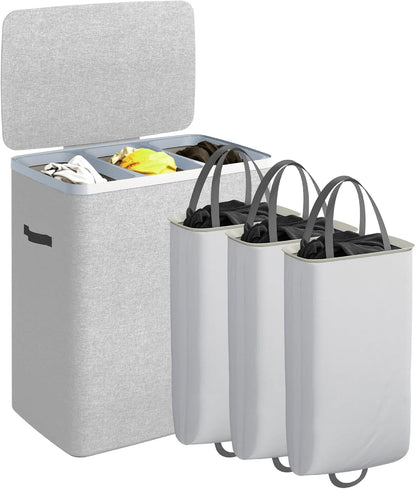 CASAMAYA Laundry Basket with Lid, Laundry Hamper 3 Section, 190L collapsible Laundry Organizer, Easy Assembly, with Handles and Removable Liners, 25.2 x 15.7 x 29.5 Inches, Beige JSP904M