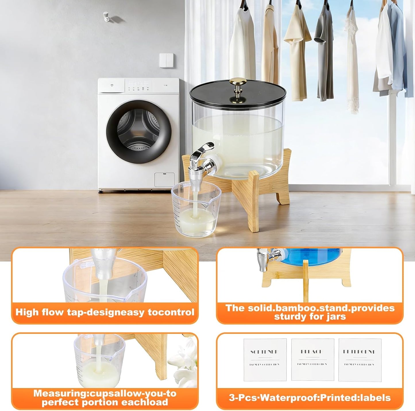Laundry Detergent Dispenser, Laundry Dispenser for Liquid Detergent, Plastic Laundry Soap Dispenser with Spout, Laundry Room Organization Containers for Detergent and Softener