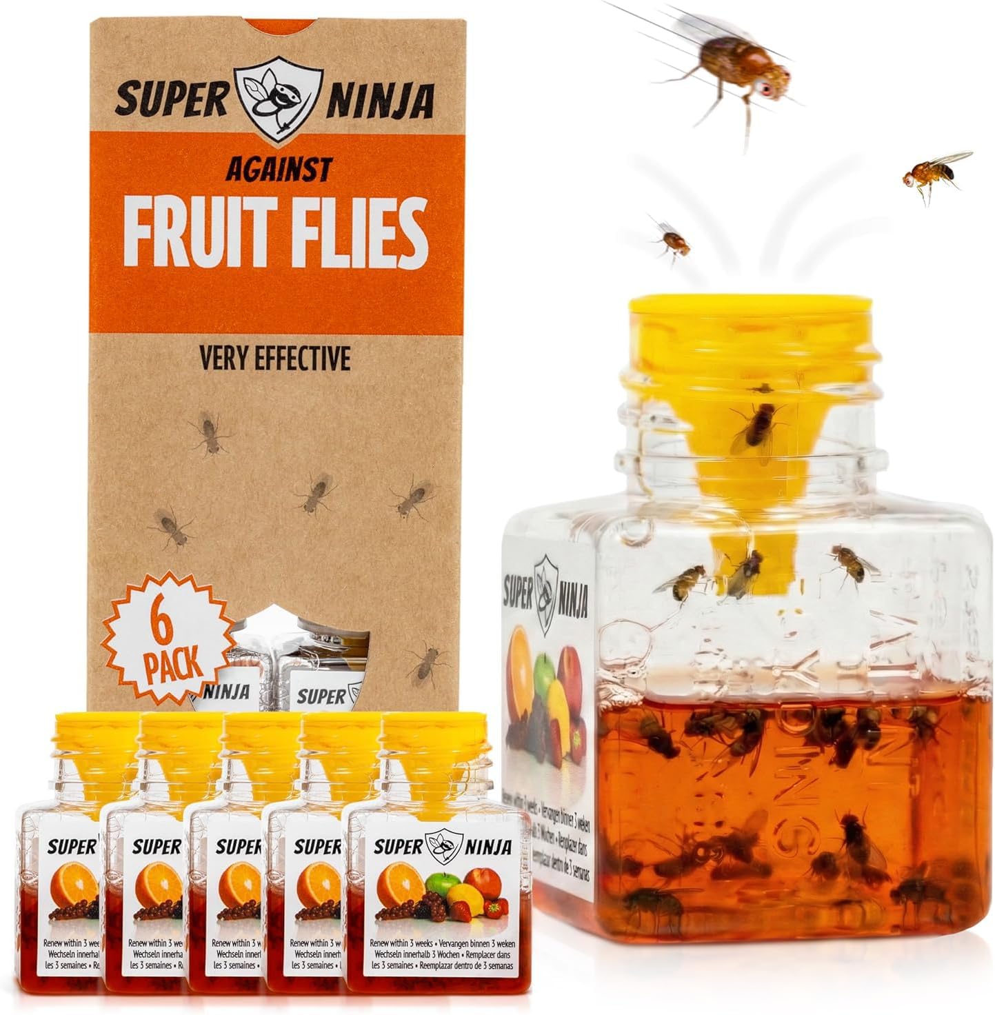 Super Ninja Fruit Fly Traps for Indoors - 4 Pack, Highly Effective Fruit Fly Catcher for Indoor Use for Home & Kitchen, Up to 3 Weeks of Performance per Bottle, Kid & Pet Friendly