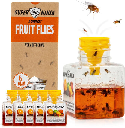 Super Ninja Fruit Fly Traps for Indoors - 4 Pack, Highly Effective Fruit Fly Catcher for Indoor Use for Home & Kitchen, Up to 3 Weeks of Performance per Bottle, Kid & Pet Friendly
