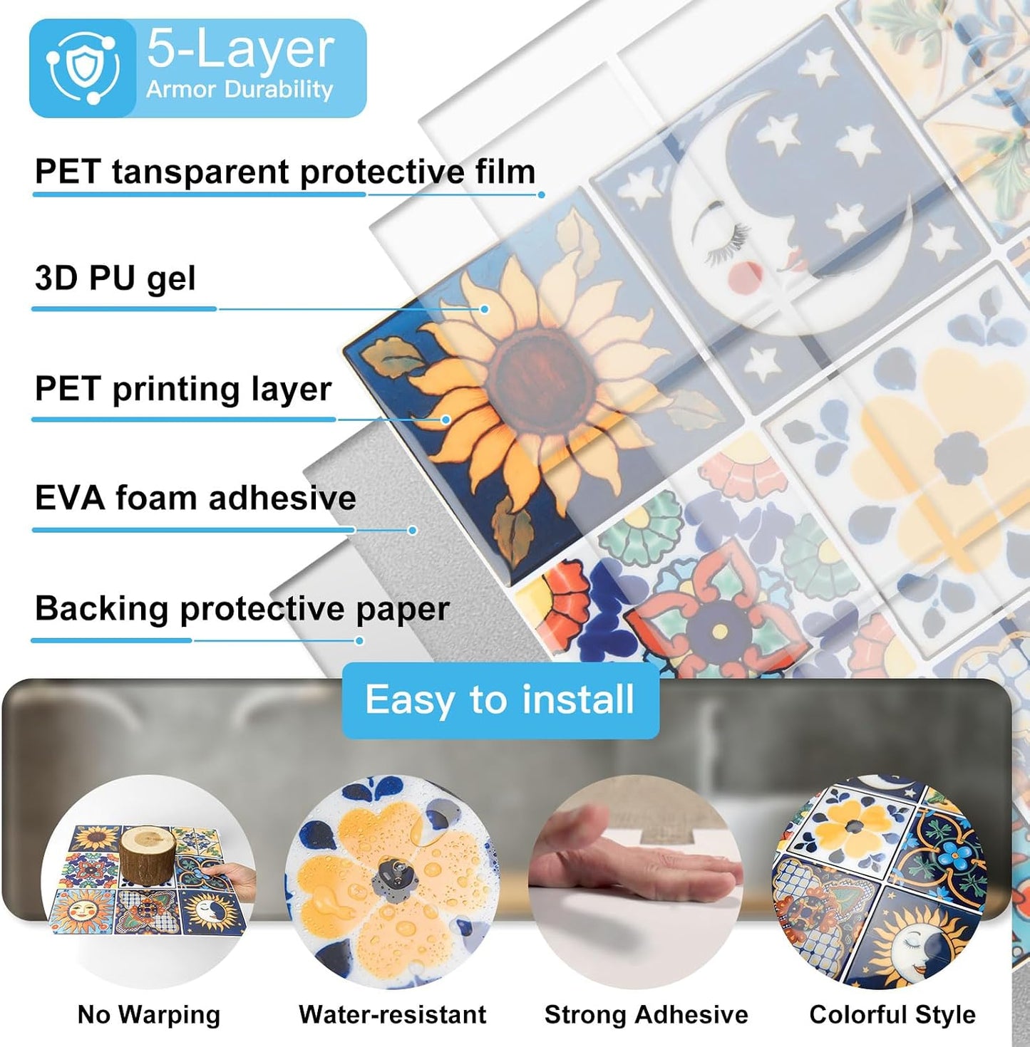 Art3d Talavera Hand-painted Waterproof Peel and Stick Backsplash Tile for Kitchen & Living Room, Sun & Moon Floral Design - 10-Pack of 12 x 12 Inch