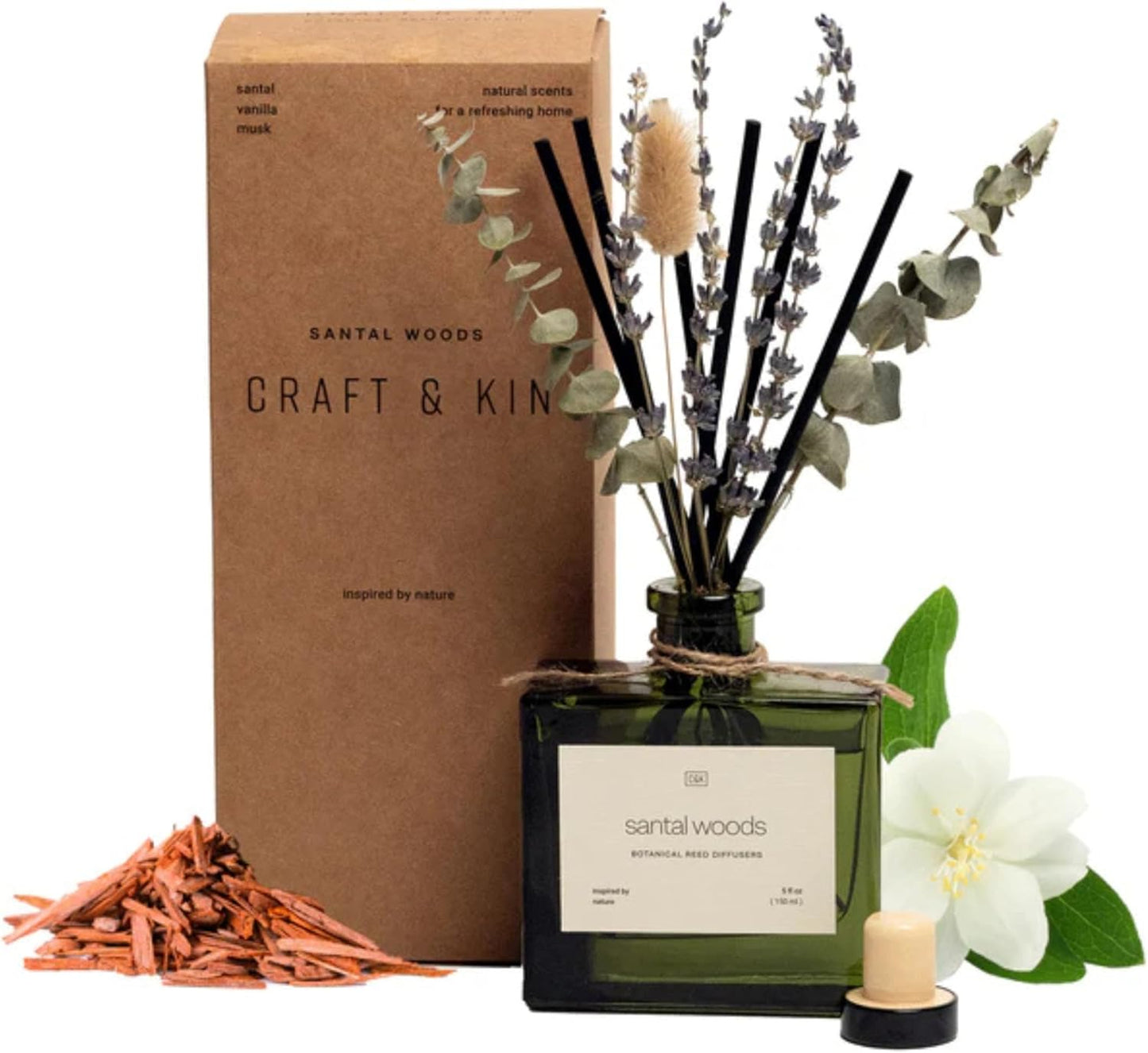 Craft & Kin Reed Diffuser with Dried Flowers | 5 oz Sicilian Citrus & Eucalyptus Scented Fall Reed Diffusers for Home, Bathroom | Scent Sticks | Elegant Fragrance Home Decor for Men & Women