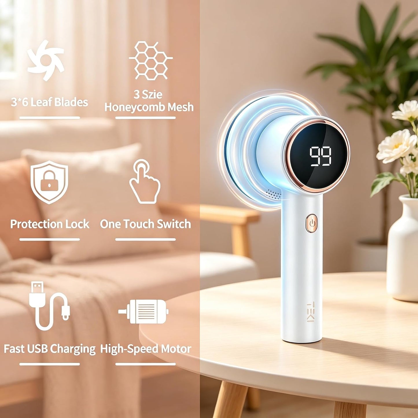 Fabric Shaver Lint Removers Rechargeable Sweater Shaver with Dual Head & LCD Display for Clothes Couch Pilling Furniture, 6-Leaf Blades Defuzzer, Pearl White, 1 Piece.
