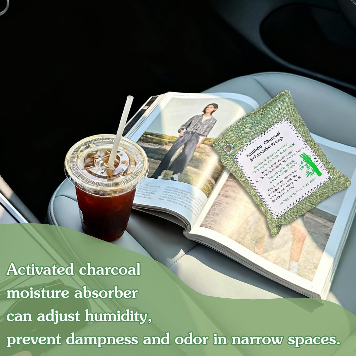 Bamboo Charcoal Air Purifying Bag, Activated Charcoal Odor Absorber Moisture Absorber Car Fresheners Odor Eliminator for Home Car Closet Refrigerator Shoe Smell Remover Gym Bag Deodorizer, Green
