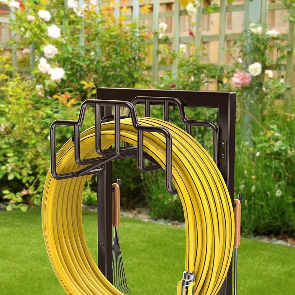 Skycarper Garden Hose Reel Holder Detachable Metal Water Hose Hanger Organizer Heavy Duty Free Standing Hose Stand (Deep Black)