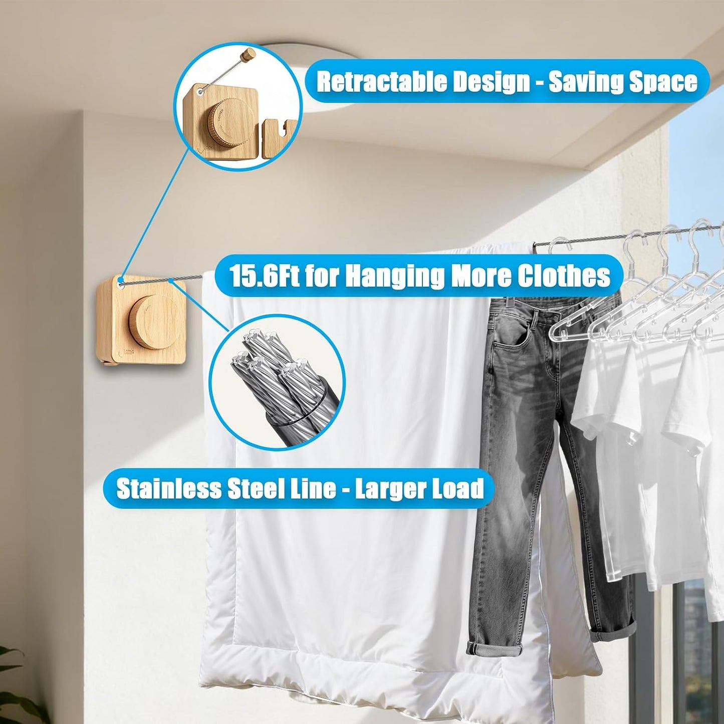 Retractable Clothesline Indoor & Outdoor, 16.2Ft Non-Sagging Stainless Steel Laundry Line with Wall Mounted Heavy Duty Design, Space-Saving Drying Rack for Bathroom, Balcony(1, White)