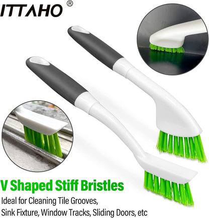 Grout Brush with Long Handle & Groove Gap Scrub Brush, Grout Cleaning Brush,V-Shape Grout Scrub Brush,Grout Cleaner Brush for Bathroom,Tile,Baseboard, Kitchen, Space Window Track, Corner