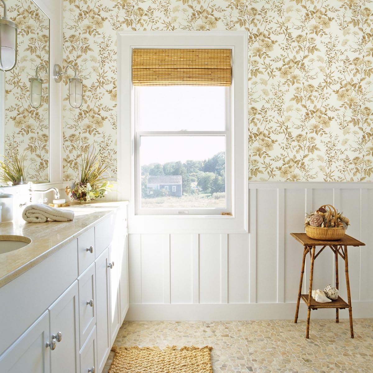 Erfoni 16.9" x118" Boho Floral Peel and Stick Wallpaper Beige Flower and Leaf Contact Paper Self Adhsive Removable Wallpaper Boho Botanical Wall Paper for Bedroom Cabinets Decor Vinyl Roll Waterproof