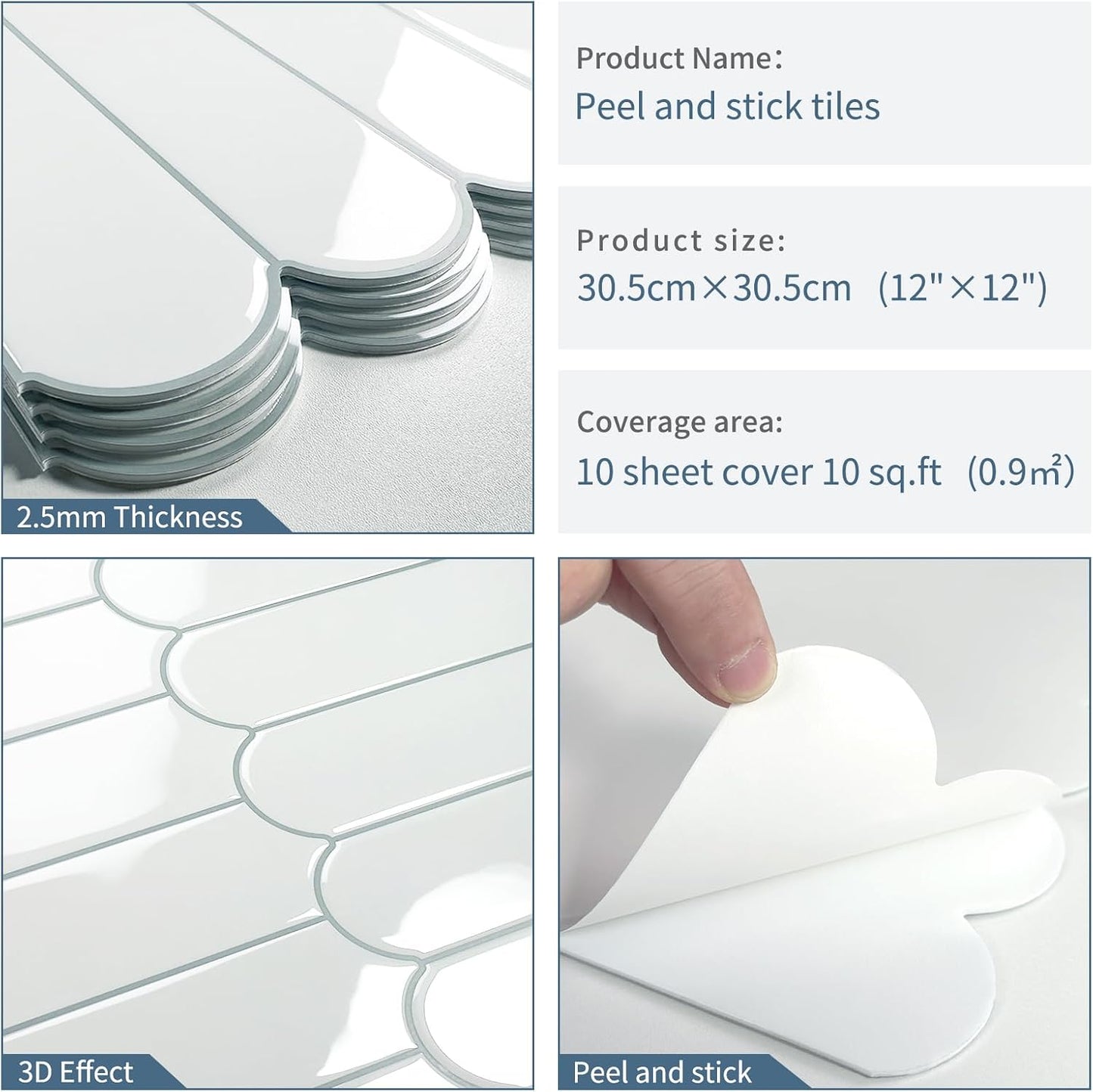 White Kitchen Backsplash Tile Peel and Stick Self Adhesive Tiles for Kitchen Wall (10-Sheet,12"x12")
