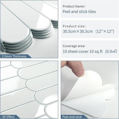 White Kitchen Backsplash Tile Peel and Stick Self Adhesive Tiles for Kitchen Wall (10-Sheet,12"x12")