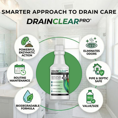 DrainClear Pro Enzyme Drain Cleaner 32oz - Enzymatic Liquid Hair and Grease Clog Remover, Kitchen Sink, Bathroom, and Shower Drain Cleaner, Pipe Maintainer, Septic Safe Enzyme Cleaner and Treatment