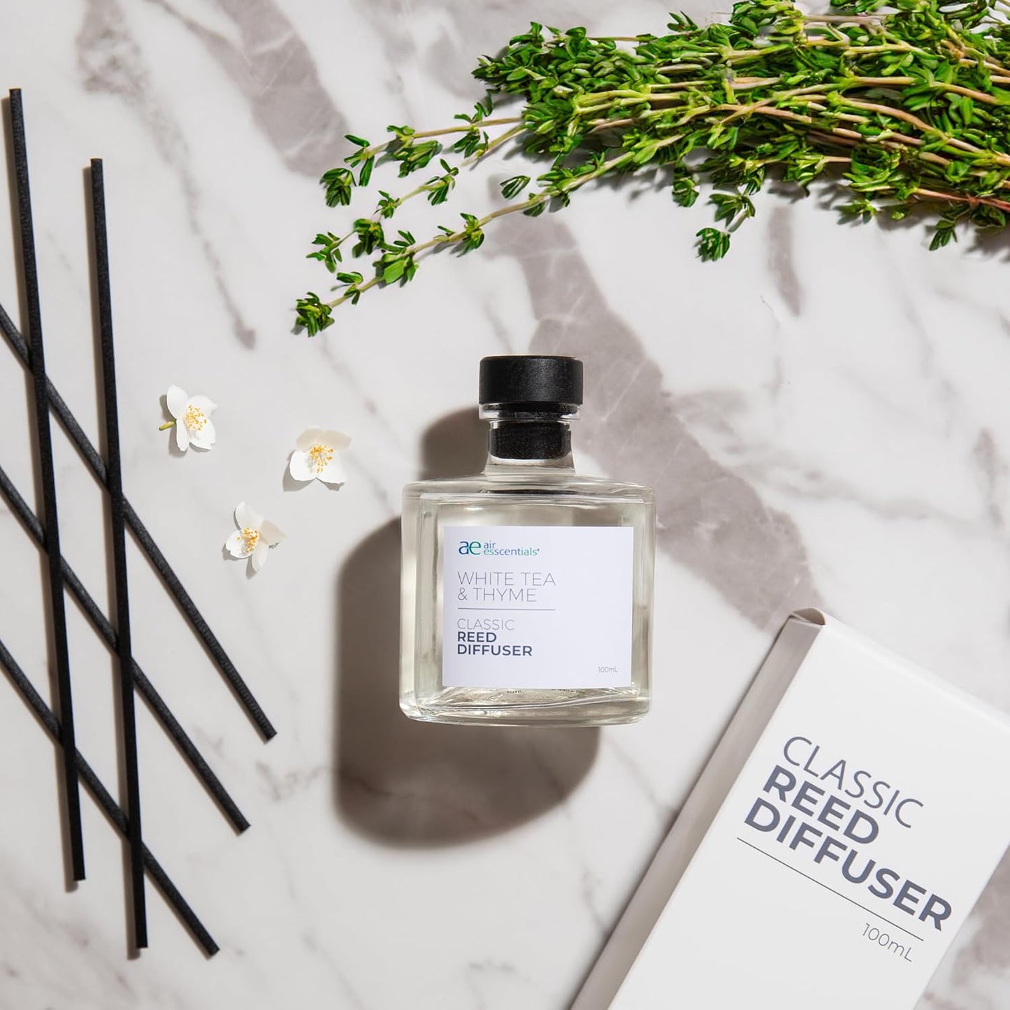 Air Esscentials Classic White Tea & Thyme Reed Diffuser Set - Decorative Fragrance Diffuser & Oil for Bathroom & Home | Long-Lasting Aroma | Natural Scent Sticks | Essential Oils & Botanicals| 100mL