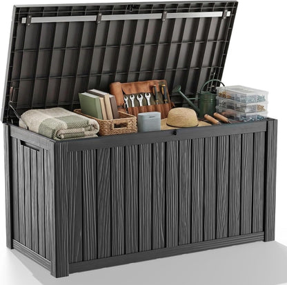Outdoor Waterproof Resin Storage Deck Box Lockable Outside Bench UV Resistant Bin Patio Porch Furniture Pool Float Garden Tool Cushion (Black, 85 Gallon)