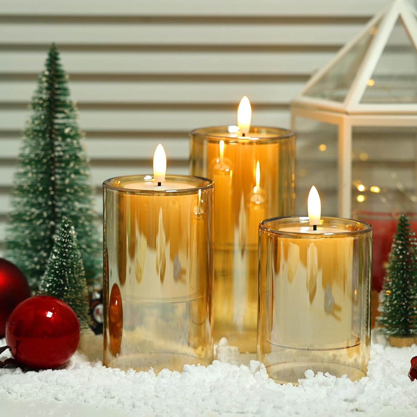 NURADA Flameless Candles with Remote Timer - Glass Real Wax 3D Wick LED Pillar Votive Candle Set Battery Operated Flickering Light for Home Christmas Decoration - White 3 Pack