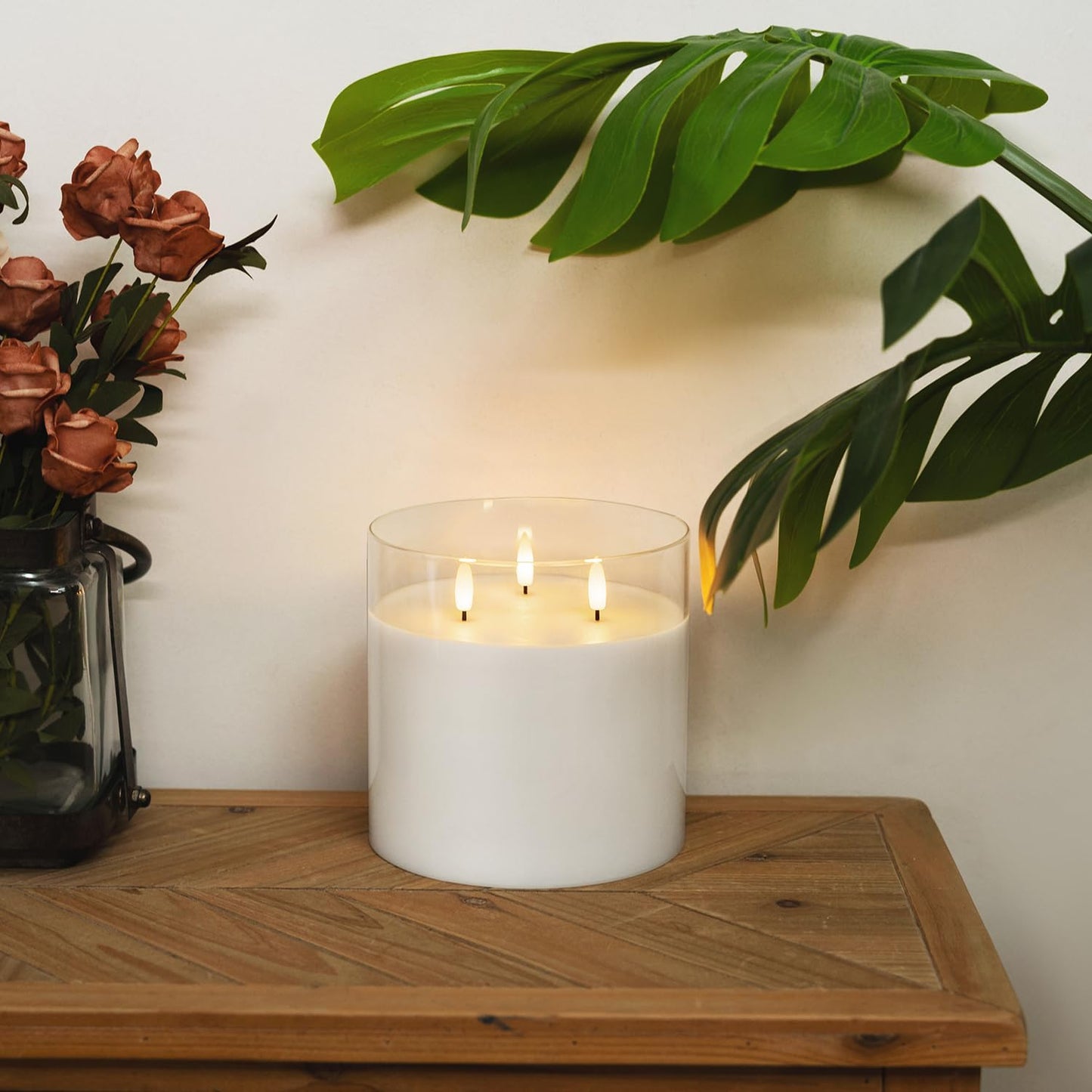 Homemory Green Glass Flameless Candles, Battery Operated LED Pillar Candles with Remote Control and Timer, Radiance Candles, Real Wax, Set of 3,D3 xH4 5" 6"