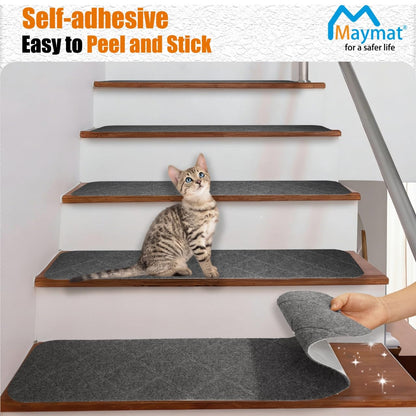 9"X36" Stair Treads Carpet Non-Slip for Wooden Steps Indoor, Machine Washable and Reusable with Tape Free Self-Adhesive Back for Pets, Set of 4, Grey