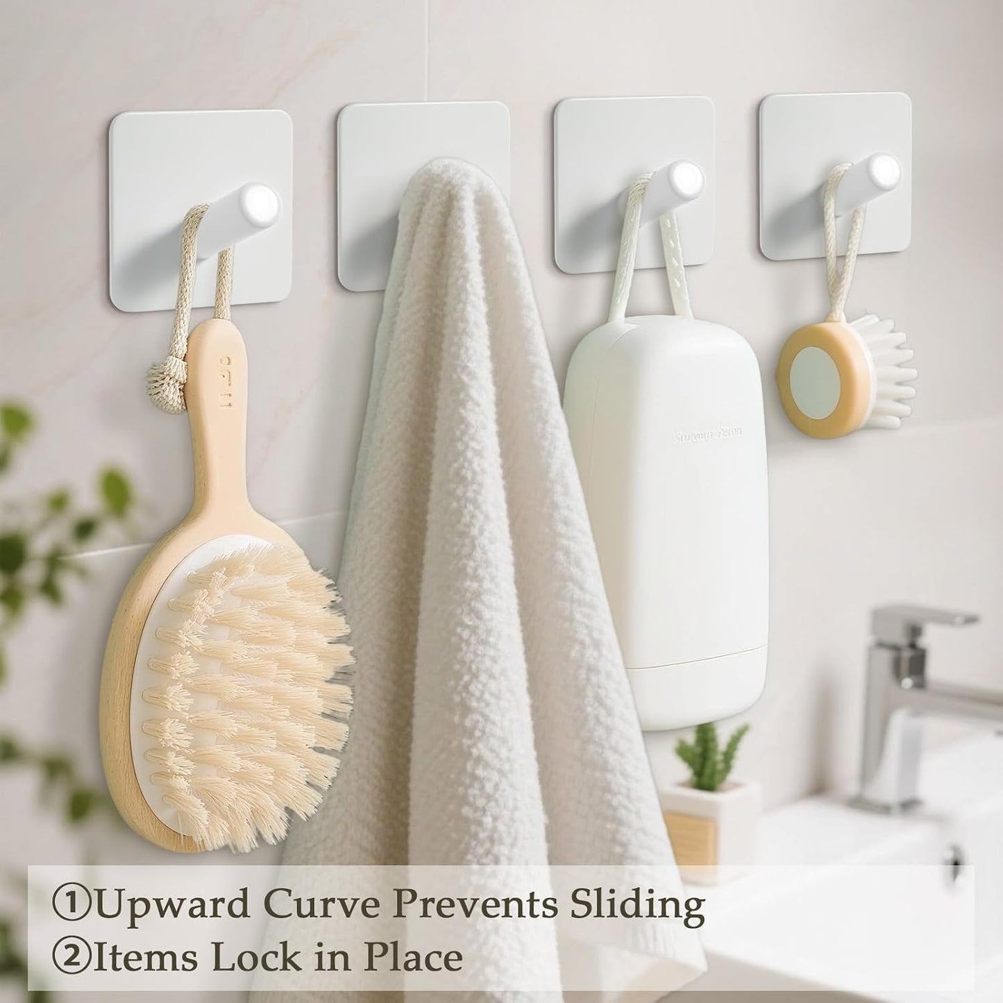 Fotosnow Matte Black Adhesive Wall Hooks, 15lbs Locking Curve Anti Slip Stainless Steel No Drill Stick On Hooks for Bathroom Shower Towel Coat Kitchen