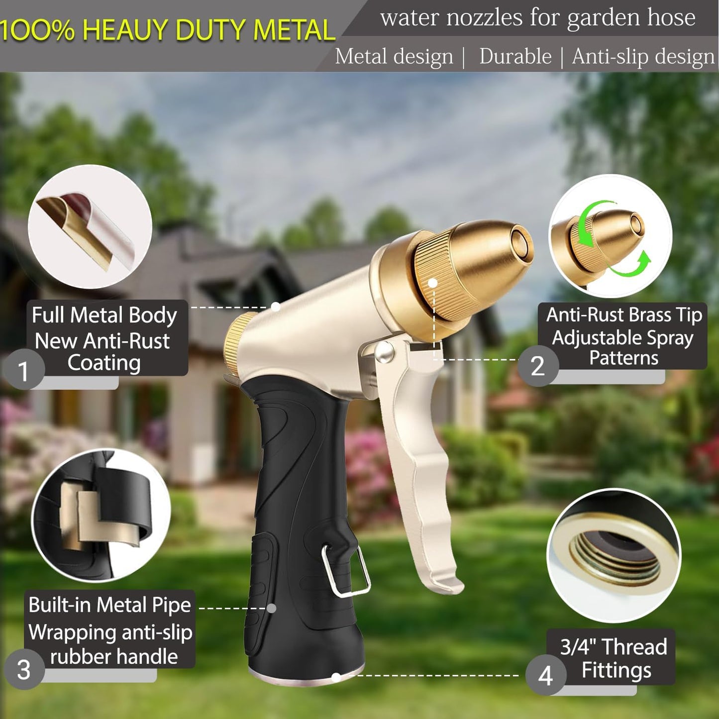 High Pressure Garden Hose Nozzle, Heavy Duty Metal Sprayer | Upgraded Water Hose Nozzle with Non-Slip Grip, Adjustable Spray Patterns for Garden, Car Washing & Pet Bathing