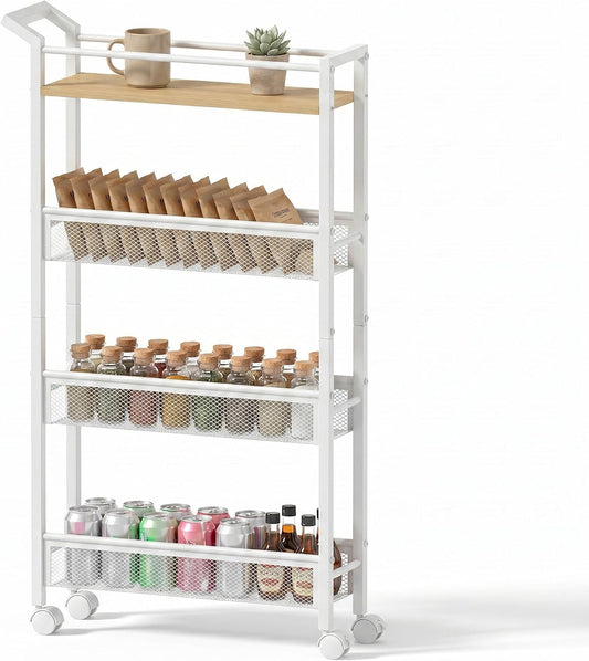 4 Tier Slim Rolling Storage Cart, 5.1 Inch Wide Narrow Storage Cart with Handle, Iron Wood Utility Slide Out Pantry Shelf Organizer for Laundry Room, Bathroom, Kitchen, Small Spaces,White