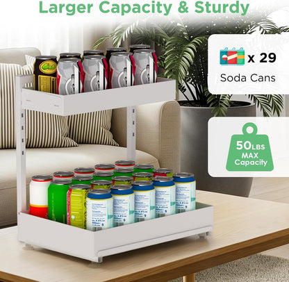 Under Sink Organizer Bathroom Kitchen: 2 Pack 2 Tier Metal Under Cabinet Storage with Height-adjustable Shelf and Pull out Rack for Pantry Vanity Cupboard Counter Countertop, White