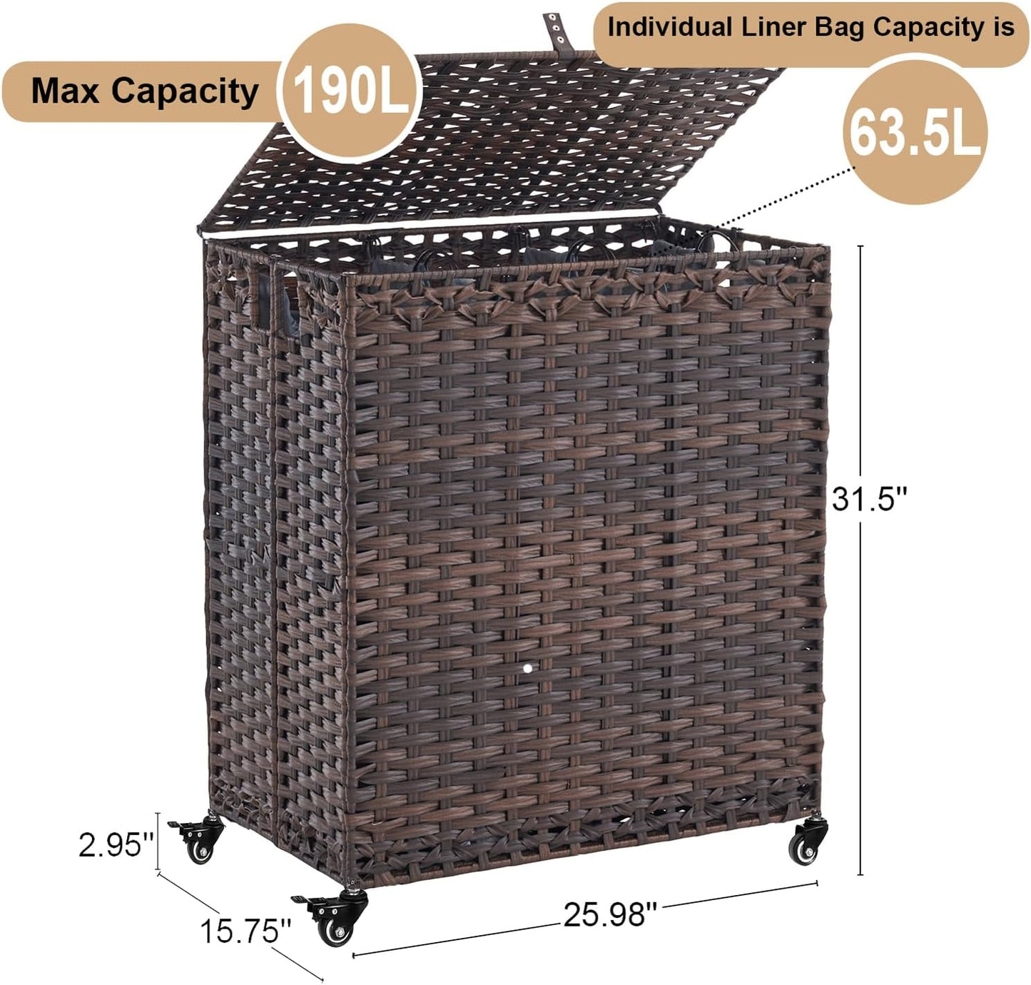 Laundry Hamper with Wheels&Lid, 50.2 Gallons(190L) Rolling Laundry Basket with Wheels, 3-Section Laundry Hamper, Handwoven Rattan Clothes Hamper with 6 Removable Liner& 3 Mesh Laundry Bags, Grey